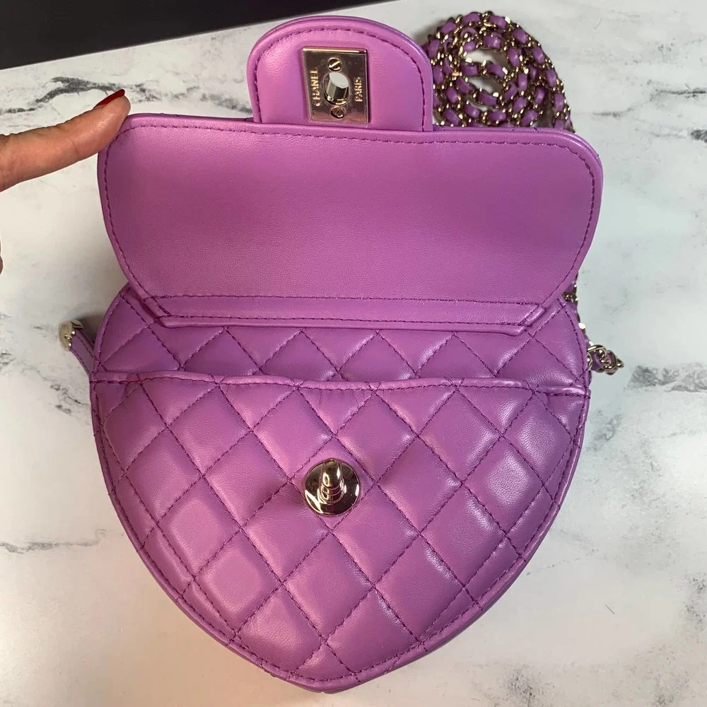 Chanel Purple Heart Bag large 22S CC Lambskin Leather Crossbody Authentic NEW - Picture 7 of 15